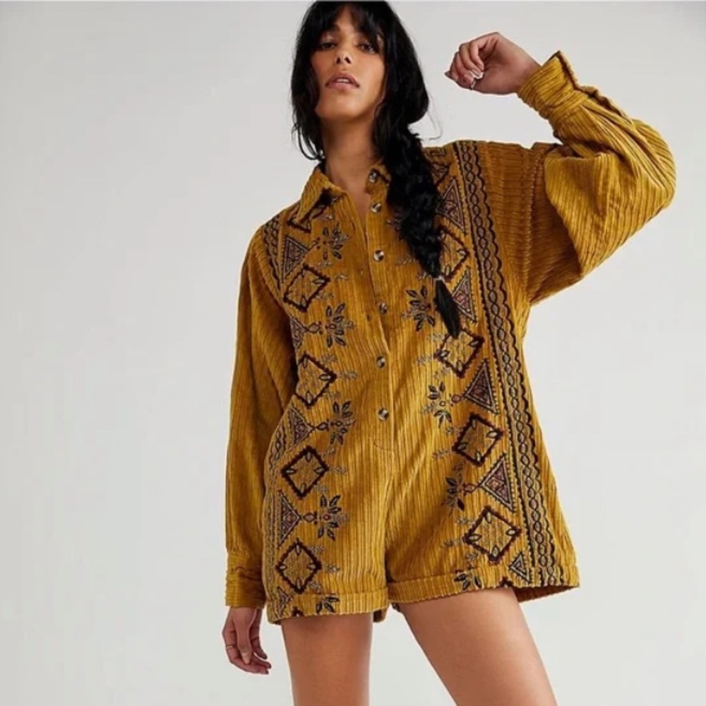 Free People Mustard Yellow Embroidered Corduroy Romper